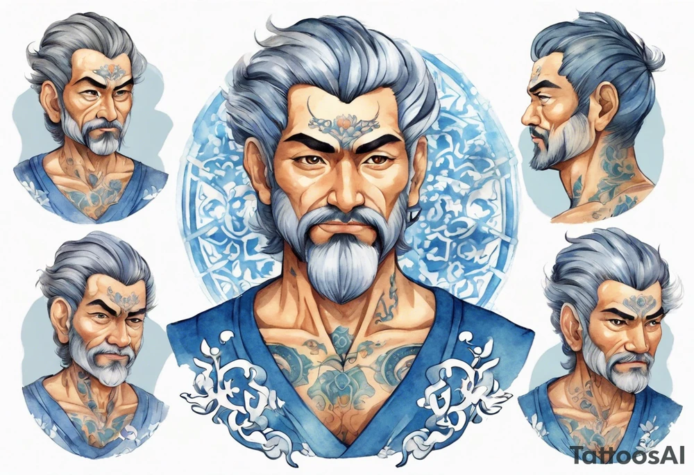 a handsome persian middle-aged man with short salt-and-pepper hair wearing a blue tunic tattoo idea