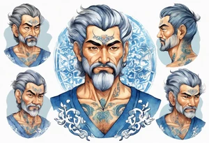 a handsome persian middle-aged man with short salt-and-pepper hair wearing a blue tunic tattoo idea