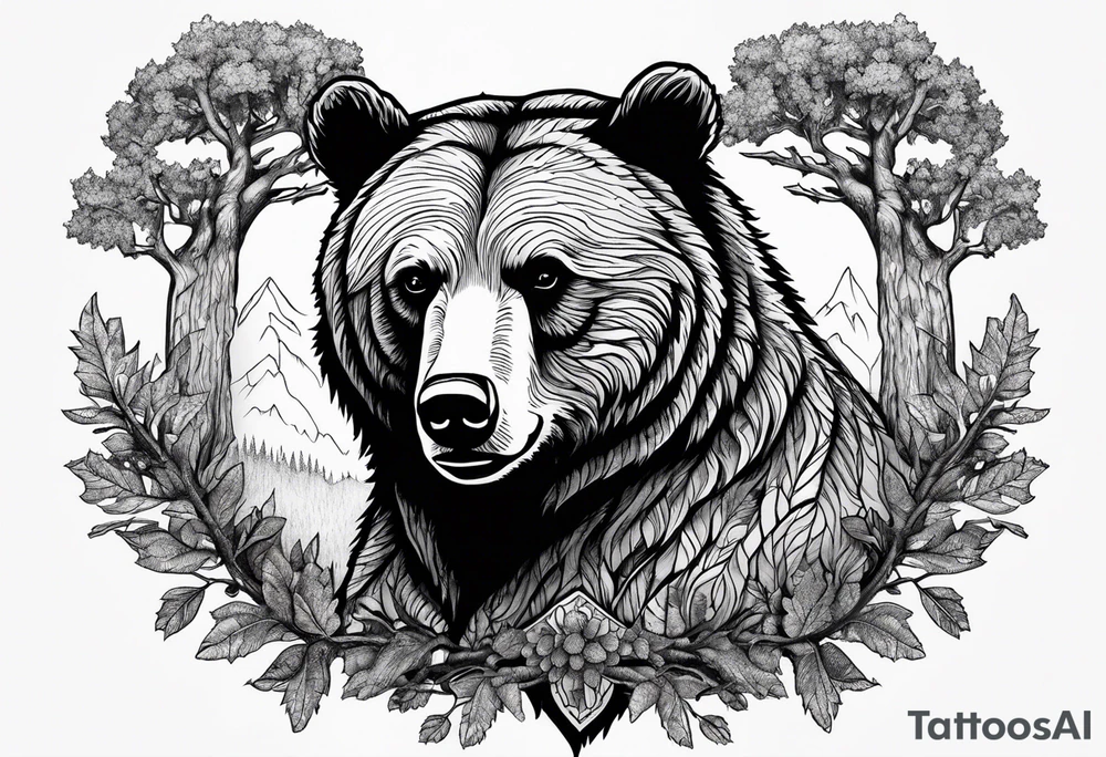 Grizzly bear and oak tree tattoo idea