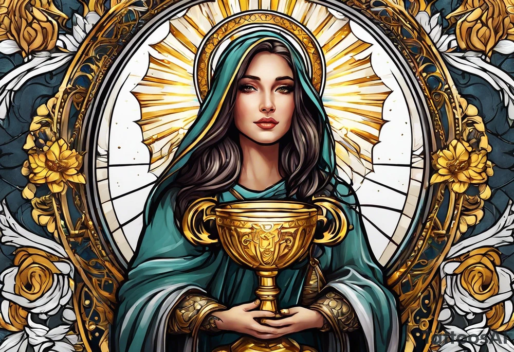 woman saint holding chalice surrounded by golden halo tattoo idea