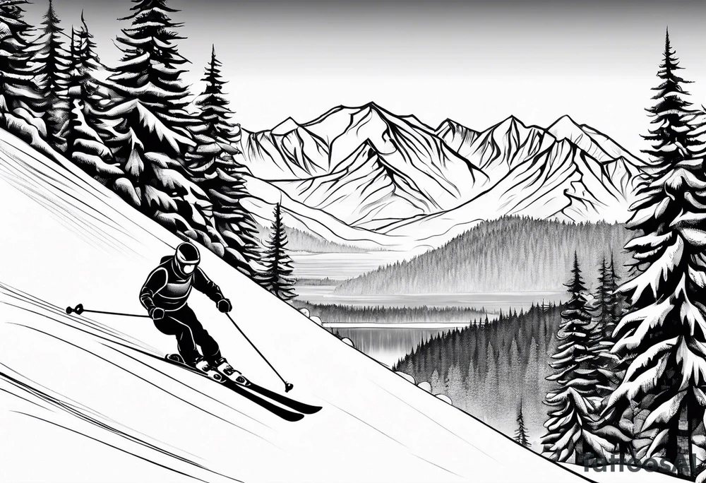 snow skier in distance coming down mountain in distance with trees and mountains and lake at bottom with waterskier tattoo idea