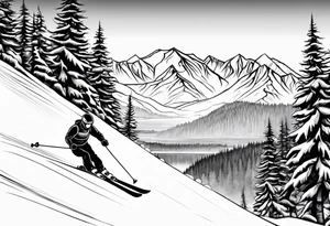 snow skier in distance coming down mountain in distance with trees and mountains and lake at bottom with waterskier tattoo idea