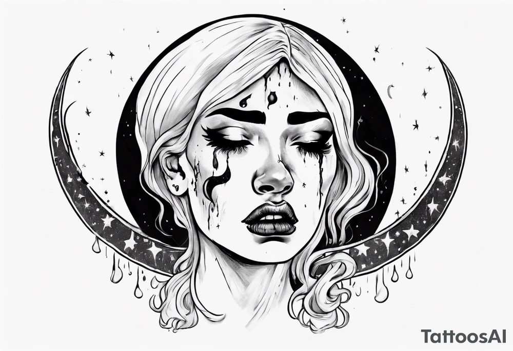 crescent moon with crying woman. she's crying tears of blood. her face is part of the moon. you can't see all of her face tattoo idea