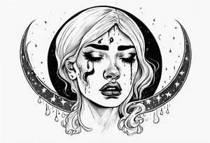 crescent moon with crying woman. she's crying tears of blood. her face is part of the moon. you can't see all of her face tattoo idea