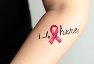 ‘I am here’ with breast cancer pink ribbon heartbeat rhythm tattoo idea