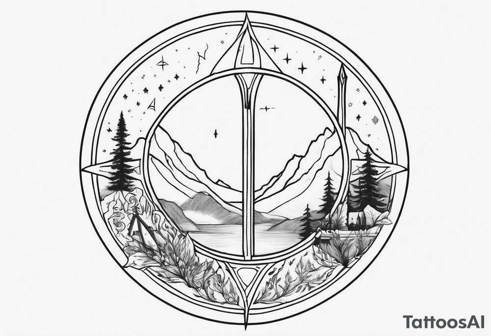 Lord of the rings and Harry Potter mashup but more lord of the rings heavy. Small simple dainty fine line and minimal. Objects only. Hobbit door hole, wands, elvish writing, deathly hallows tattoo idea