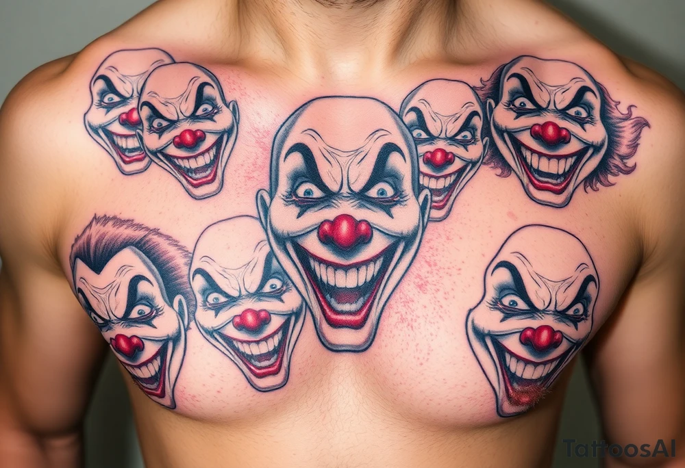 creative collage of each different emotion in different type of clown faces tattoo idea