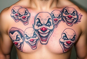 creative collage of each different emotion in different type of clown faces tattoo idea
