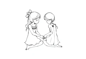 Zwei kleine mädchen sitzen sich gegenüber eine hat einen Dutt die andere einen Zopf und sie berühren sich an den Fußsohlen tattoo idea