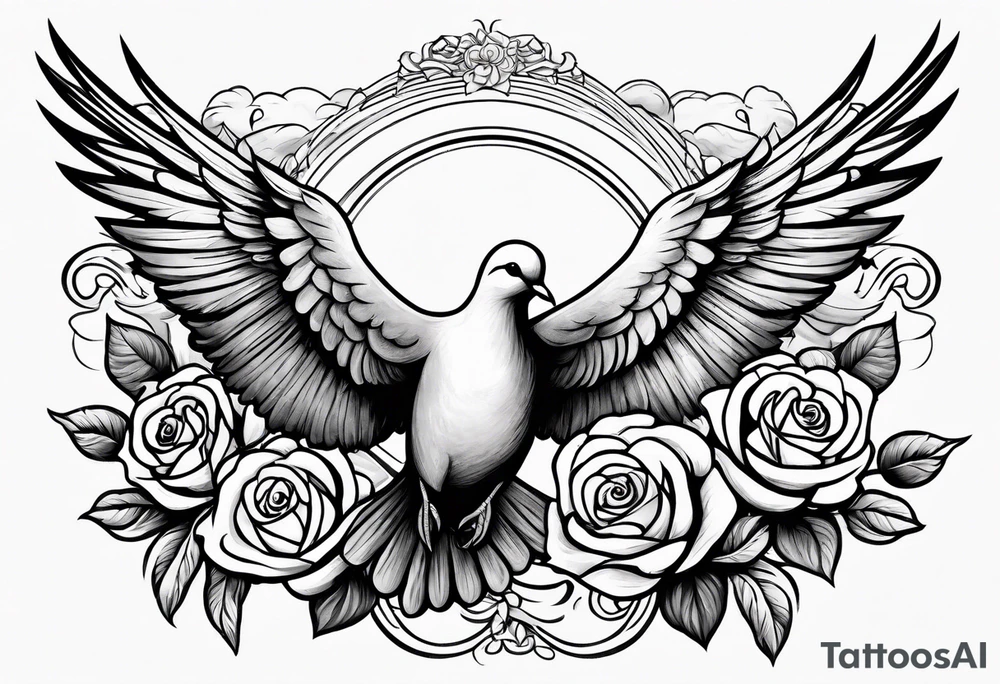 A dove flying through the clouds with roses intertwined in its wings tattoo idea