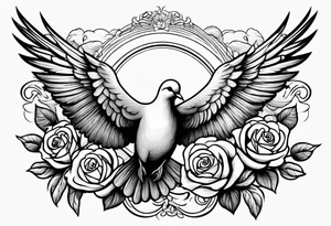 A dove flying through the clouds with roses intertwined in its wings tattoo idea