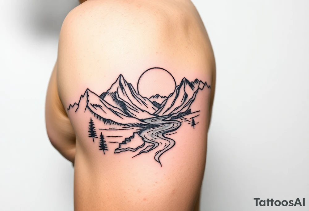 Mountains with river and sunset tattoo idea