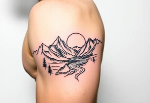 Mountains with river and sunset tattoo idea