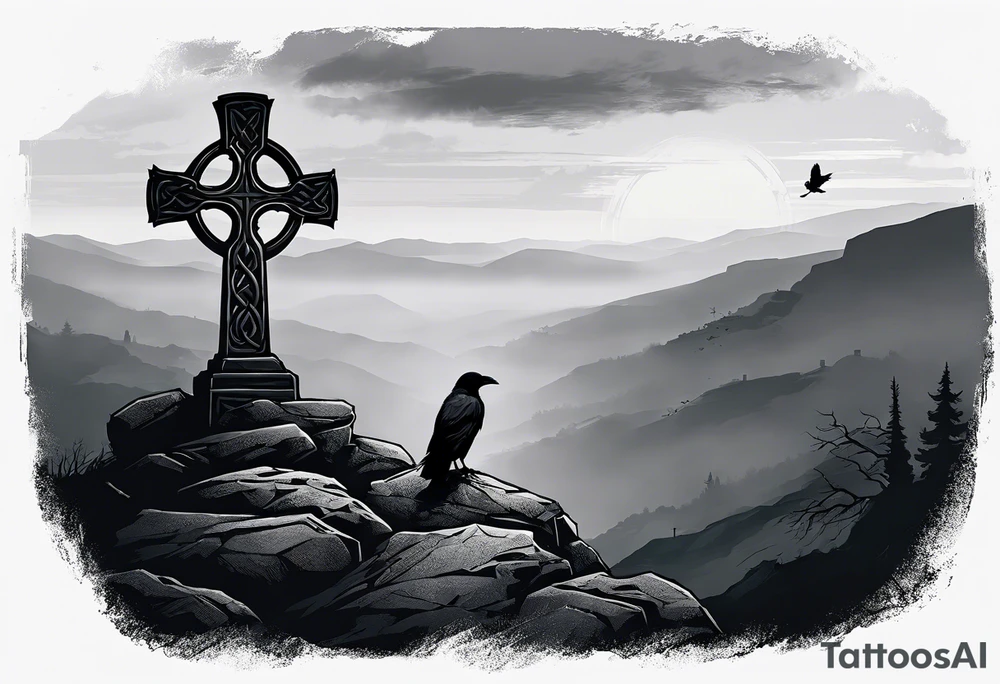 A stone Celtic cross solemnly standing atop a hill, a raven perches atop the cross staring out over the desolation. A ruined stone wall lies crumbling near the cross. Mist rolls along the hilltops adding to the melancholic nature of the scene tattoo idea