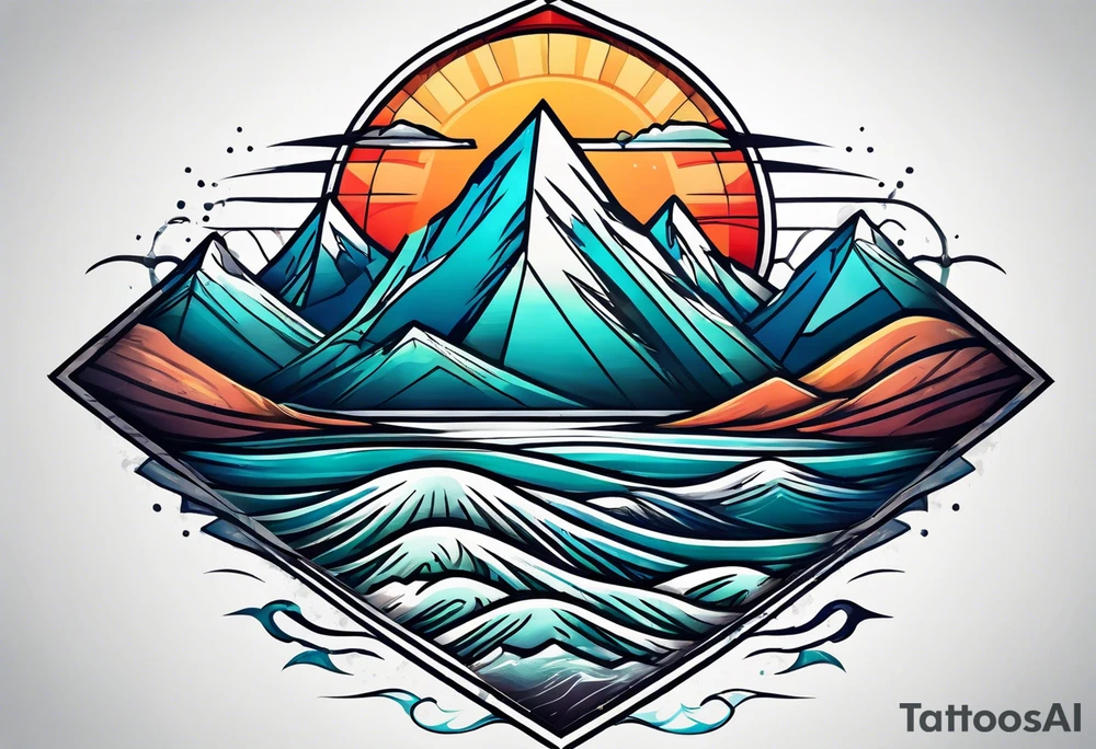 Mountains and ocean waves diamond shape tattoo idea