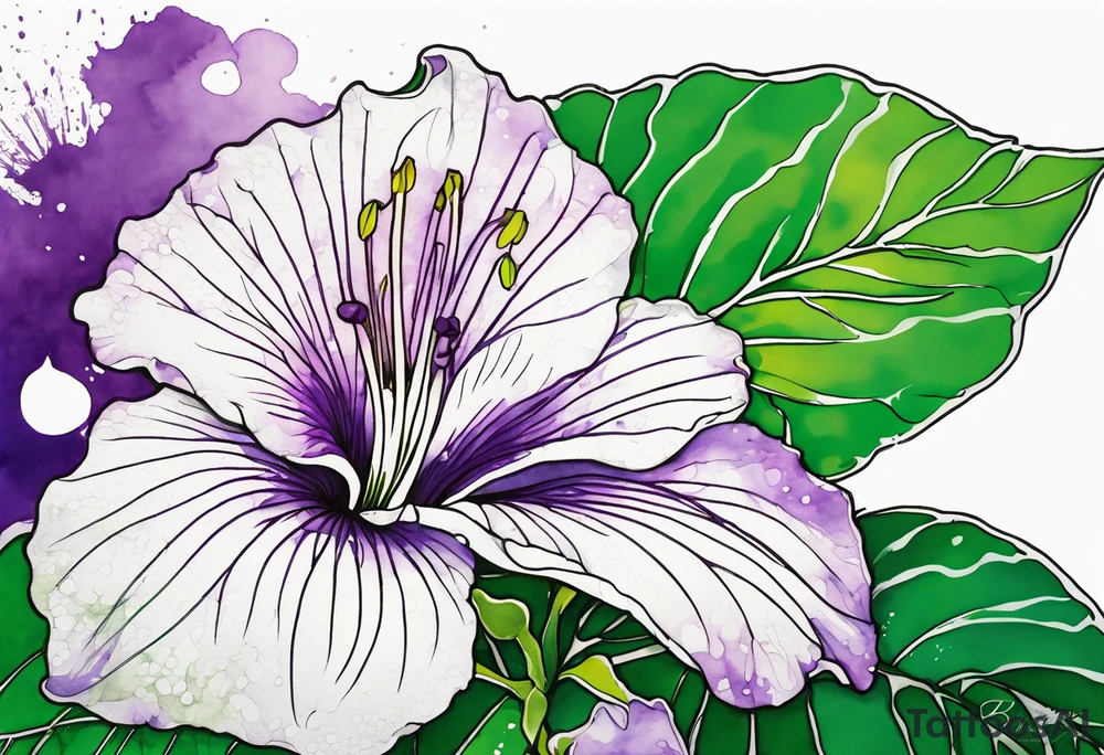 An outline of a green rio dipladenia flower and a purple watercolor splash in the background tattoo idea