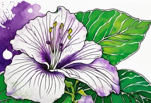 An outline of a green rio dipladenia flower and a purple watercolor splash in the background tattoo idea