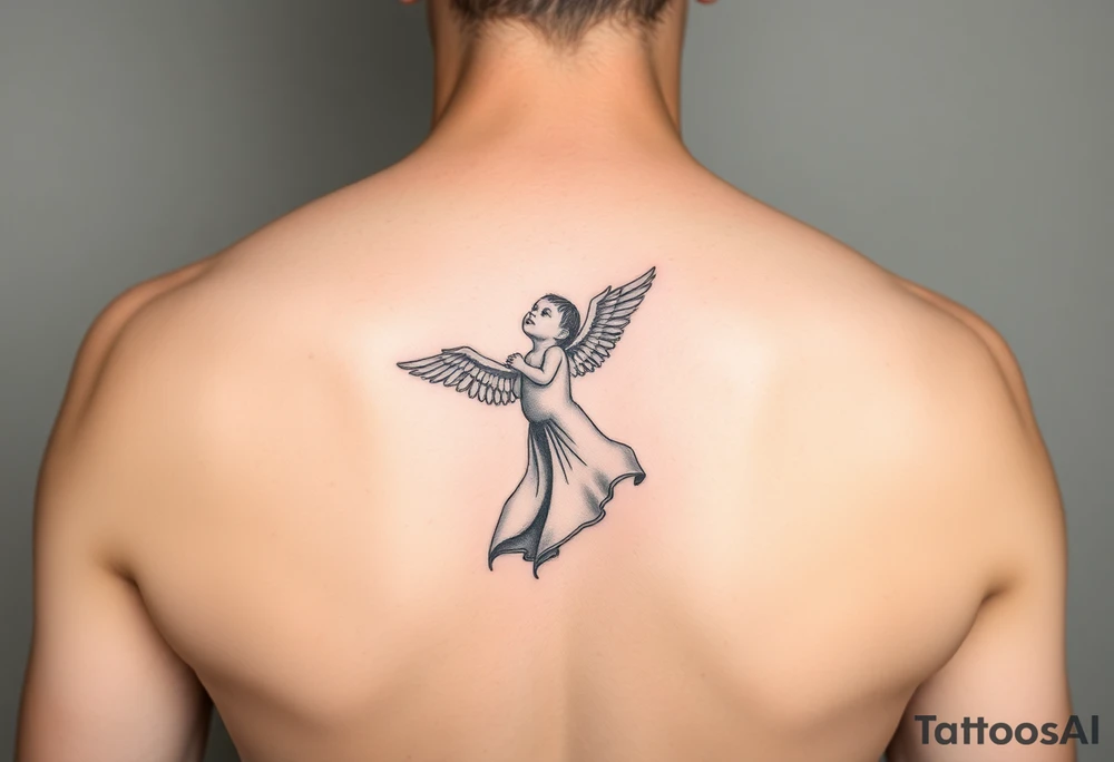 Mother holding baby in the air, baby has wings, watercolor and minimalist tattoo idea