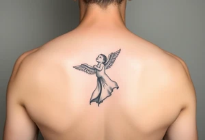 Mother holding baby in the air, baby has wings, watercolor and minimalist tattoo idea