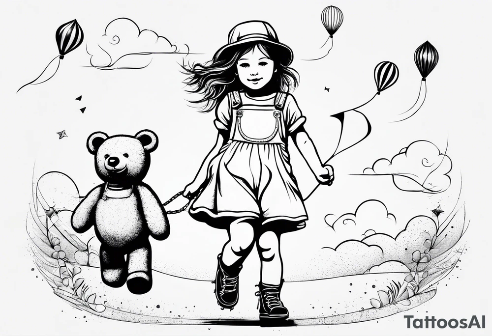 a little girl in a dress & a teddy bear in roller skates and yellow overalls, flying kites tattoo idea
