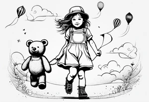 a little girl in a dress & a teddy bear in roller skates and yellow overalls, flying kites tattoo idea