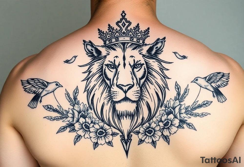 powerful majestic lion with a crown, surrounded by floral ornaments and birds tattoo idea