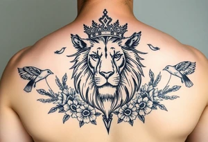 powerful majestic lion with a crown, surrounded by floral ornaments and birds tattoo idea