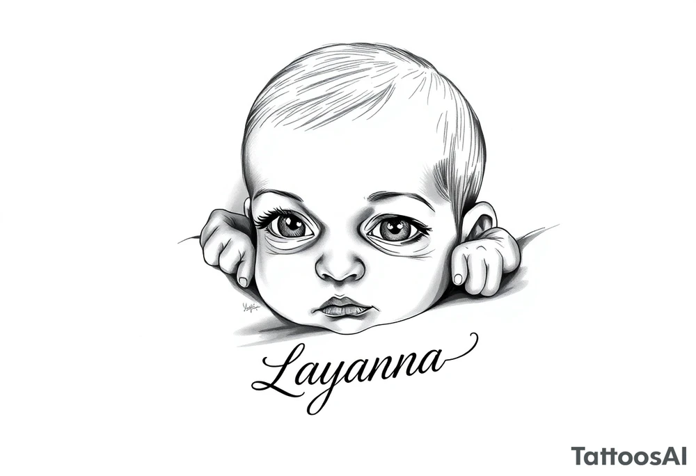 Baby girl newborn with just the eyes with the name layanna at the bottom of it tattoo idea