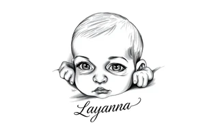Baby girl newborn with just the eyes with the name layanna at the bottom of it tattoo idea