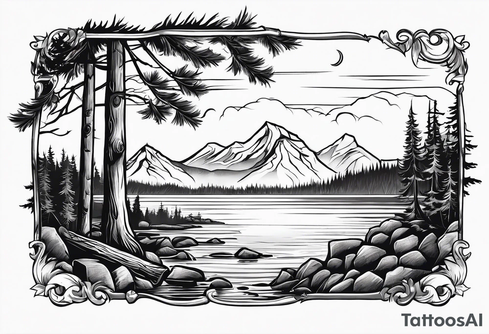 Small campfire on the coast of a mountain stream, in the back is some evergreen tall trees tattoo idea