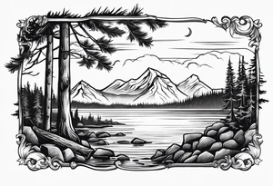 Small campfire on the coast of a mountain stream, in the back is some evergreen tall trees tattoo idea