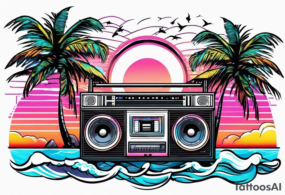 1980'S BOOM BOX MIAMI VICE STYLE, BEACH , PALM TREES, MUSIC NOTES tattoo idea