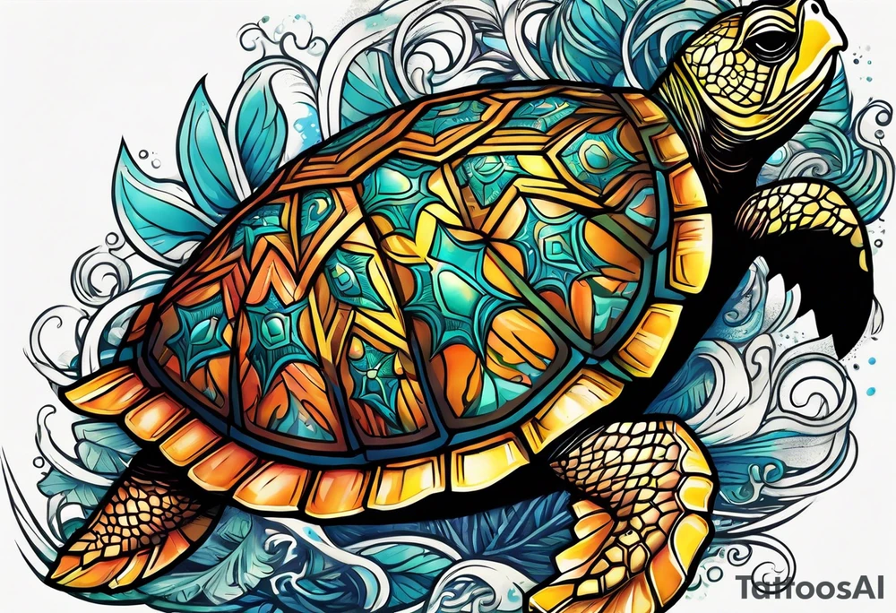 tropical psychedelic turtle's back, top down view, as seen from above tattoo idea