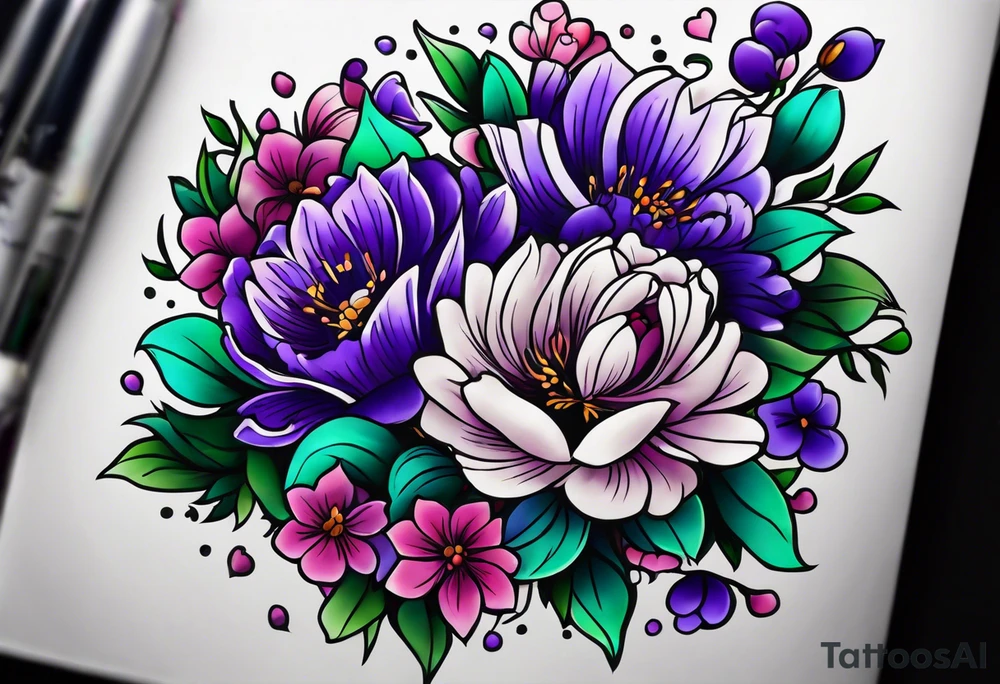Forearm tattoo with purple flowers to always remember my grandma that passed away with a small white dove and heaven things added like clouds and stairs. tattoo idea