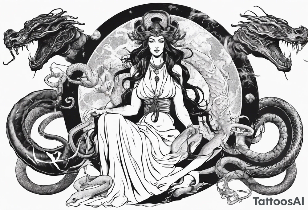 Beautiful Godess Hekate, surroundet by a snake and a japanese Dragon. tattoo idea