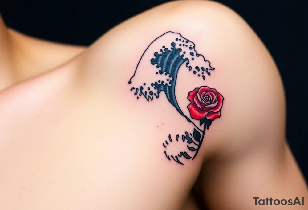 The Great Wave off Kanagawa With a red rose with a stem on the side of the wave tattoo idea
