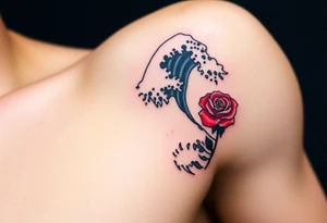The Great Wave off Kanagawa With a red rose with a stem on the side of the wave tattoo idea
