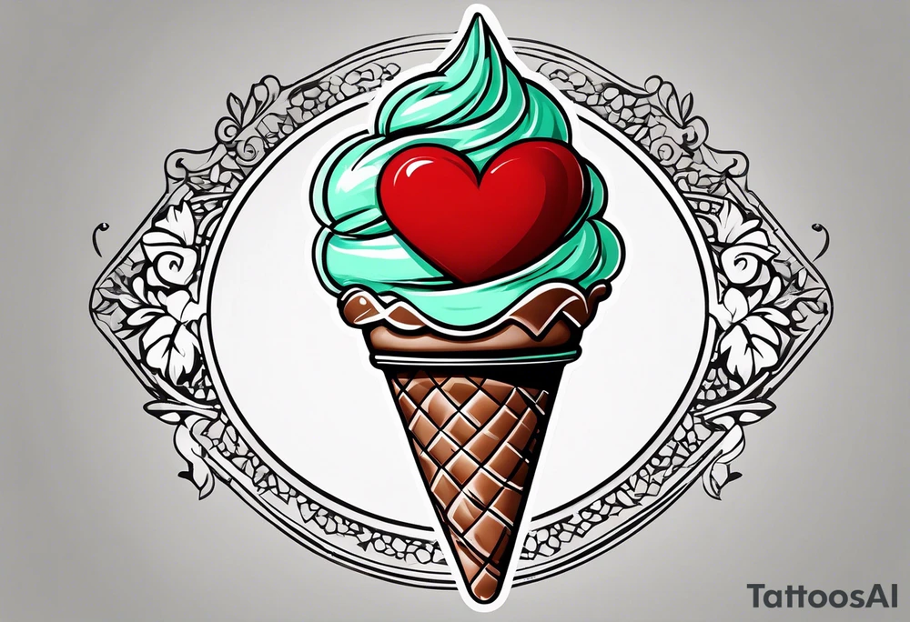 simple mint chocolate chip ice cream cone with small red heart on it somewhere. tattoo idea
