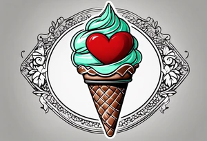 simple mint chocolate chip ice cream cone with small red heart on it somewhere. tattoo idea