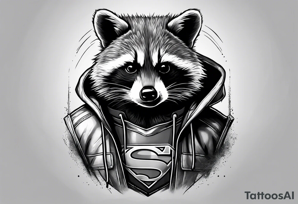 raccoon wearing a Superman hoodie tattoo idea