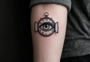 A surreal clock with an eye in place of the dial, eyelids opening like doors, intricate detail, realistic shading, black and gray. tattoo idea