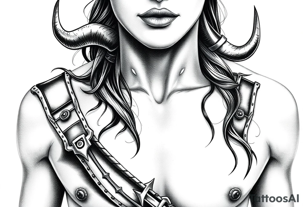 Feminine Tattoo dark female warrior with realistic horns just barley touching collarbone with a lot of shading tattoo idea