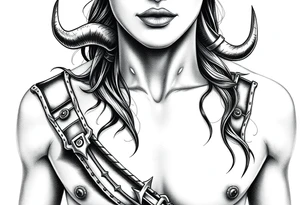 Feminine Tattoo dark female warrior with realistic horns just barley touching collarbone with a lot of shading tattoo idea