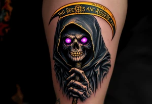 A dark Reaper with glowing violet eyes and a jagged scythe etched with ancient runes in gold. tattoo idea