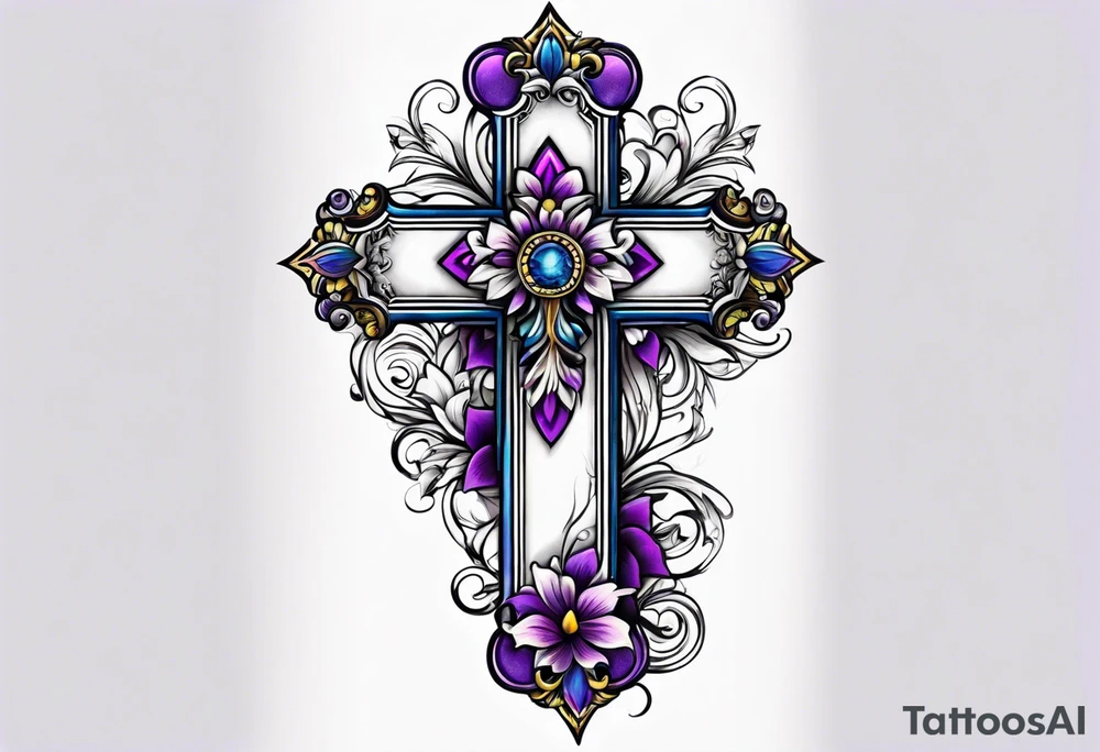 A cross with purple, yellow and blue flowers arm sleeve tattoo idea