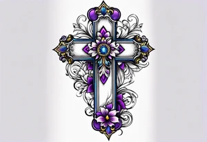 A cross with purple, yellow and blue flowers arm sleeve tattoo idea
