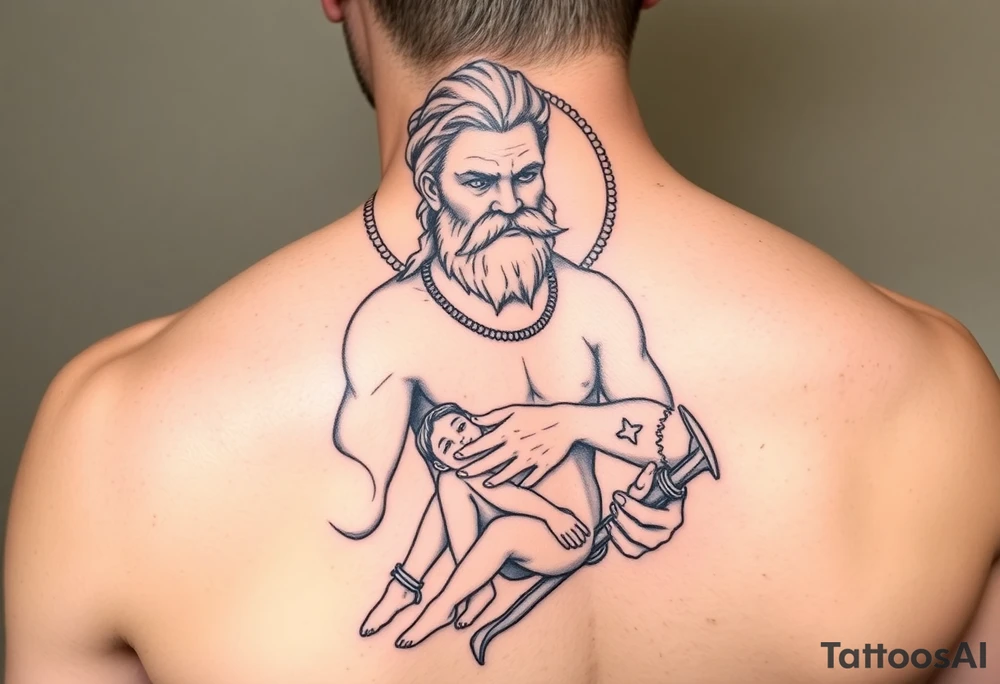 a tattoo design of the Greek God Saturn but older and nearly dying holding his spear in one hand with the Saturn Symbol as the spear head, in his other arms cradling a twin dying younger version of himself. The gemini constellation is in the background behind the Saturn Gods tattoo idea