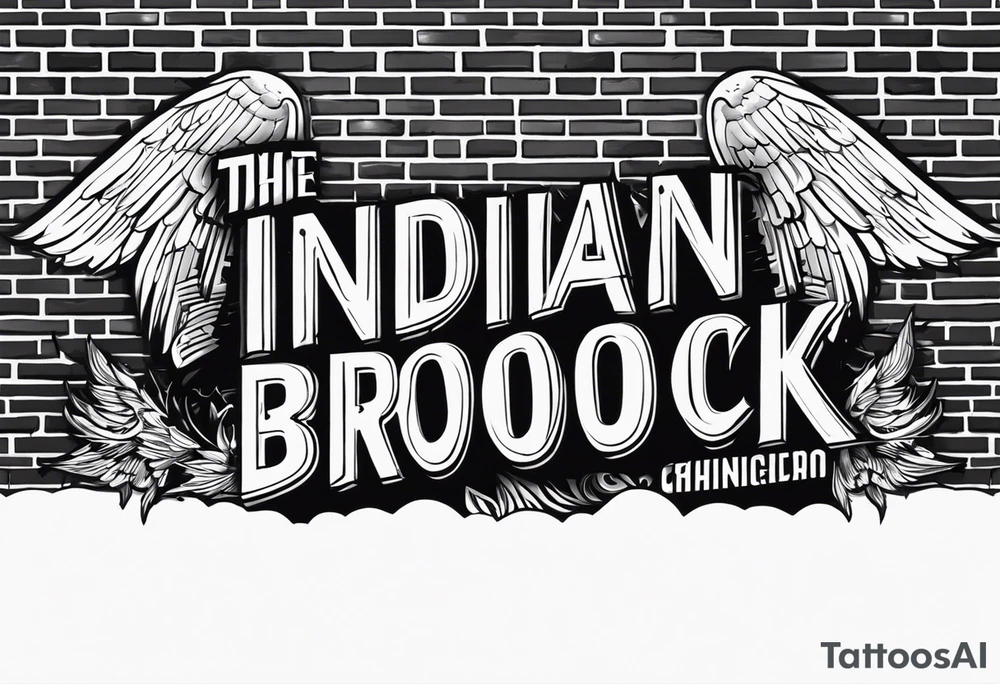 The words “Indian Brook” crashing out of a brick wall surrounded by angels tattoo idea