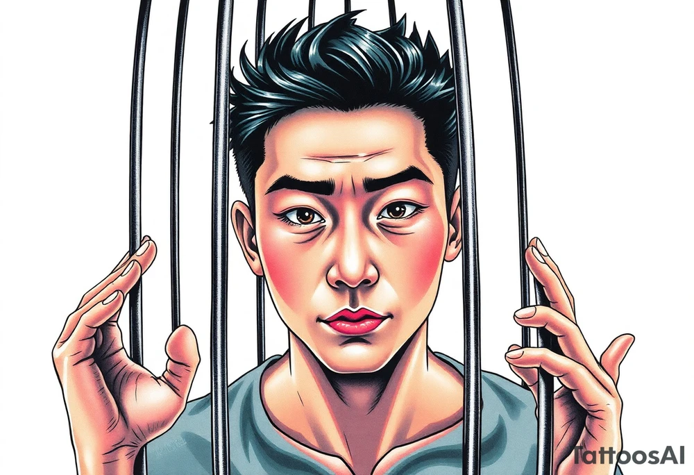 Handsome Asian young guy in cage with fears tattoo idea