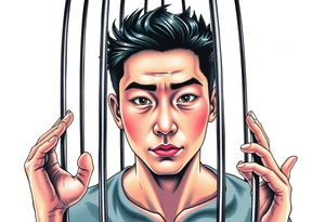 Handsome Asian young guy in cage with fears tattoo idea